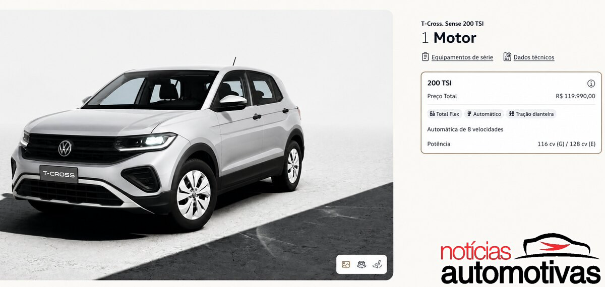 Volkswagen coloca o T-Cross 2027 no configurador sem anúncio oficial, e versões 1.0 TSI ganham câmbio automático de oito marchas