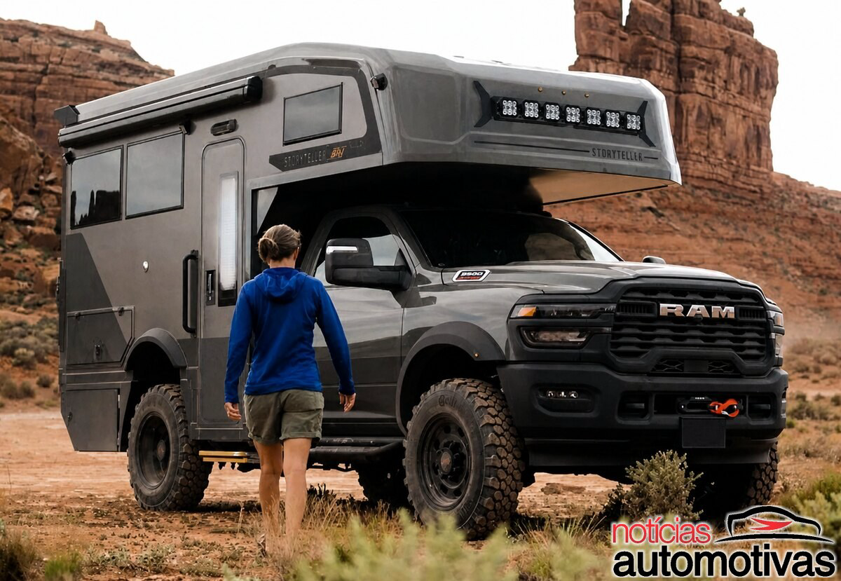 Storyteller transforma a Ram 3500 em motorhome 4×4 de R$ 1,6 milhão com varanda retrátil na traseira e cama para quatro