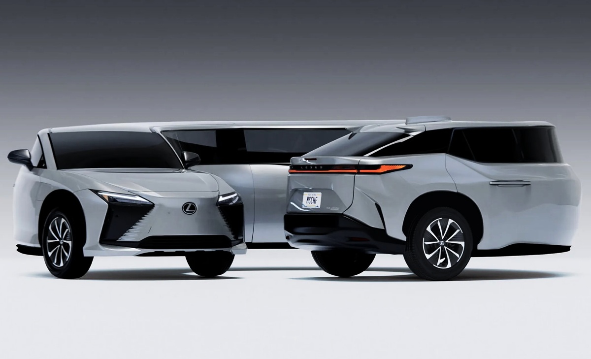 Dois veículos Lexus prateados lado a lado, um com carroceria convencional e outro com formato alongado e deformado.