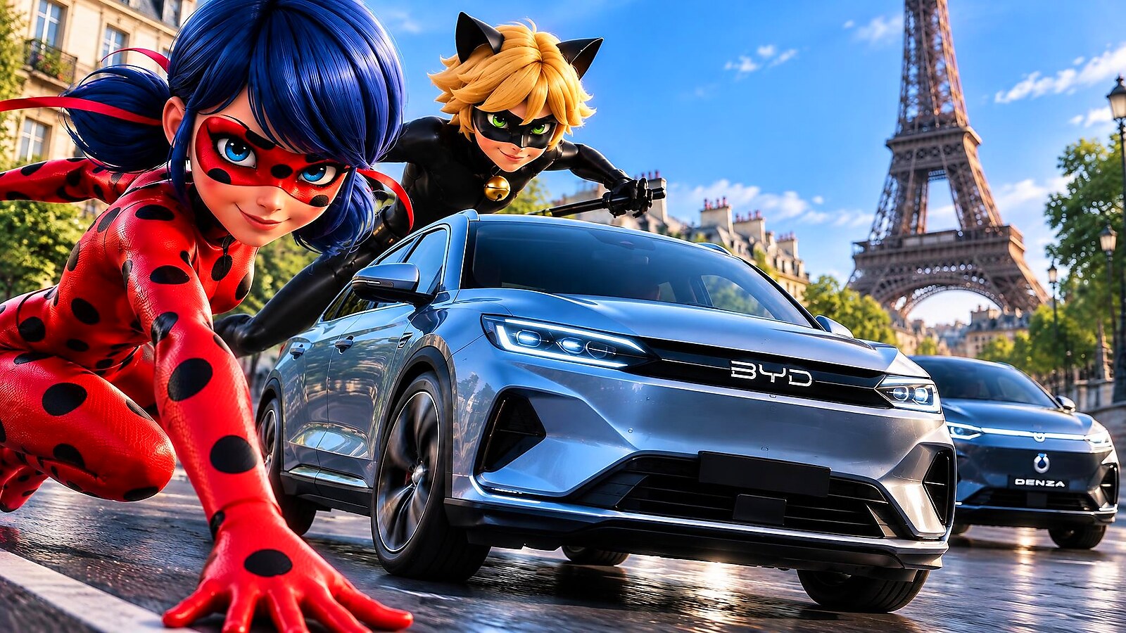 Ladybug e Cat Noir ganham reforço inesperado em nova aventura: carros elétricos da BYD entram no universo de Miraculous