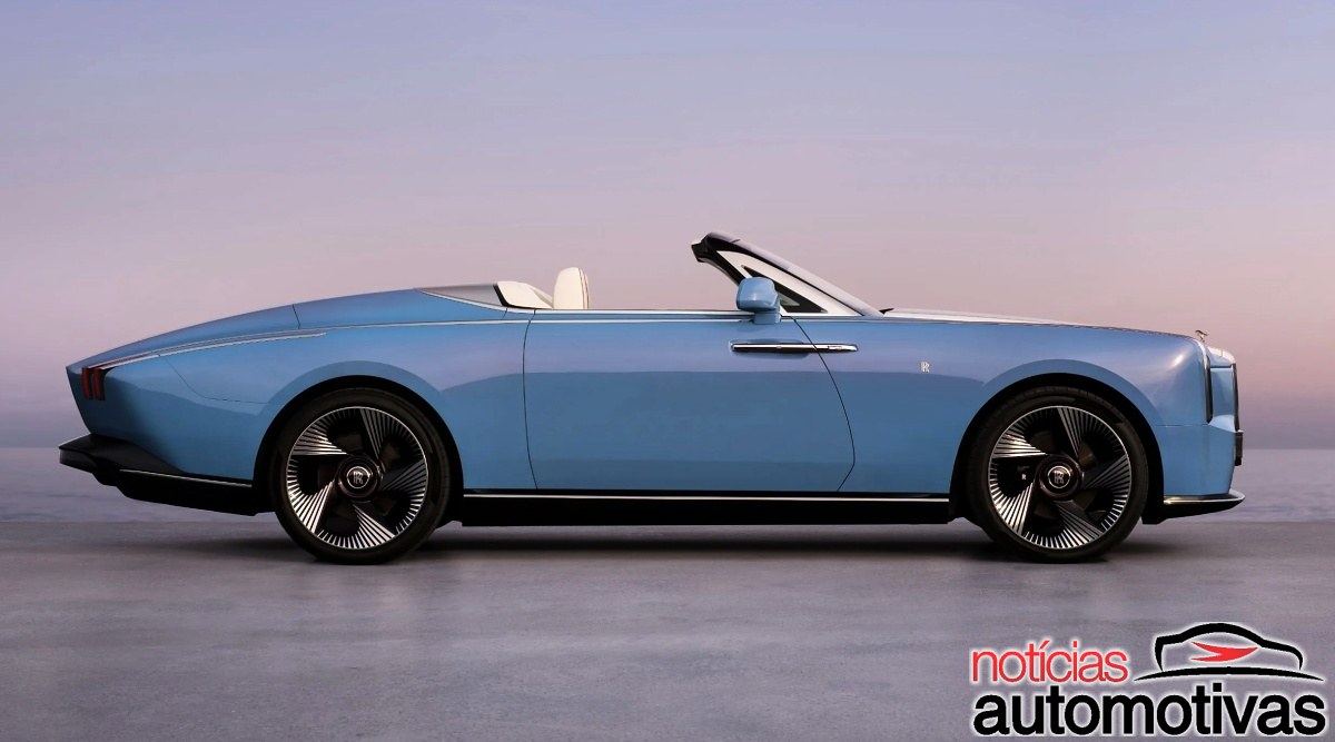 Rolls-Royce Nightingale azul conversível visto de lado, com capota aberta e rodas pretas e prateadas.