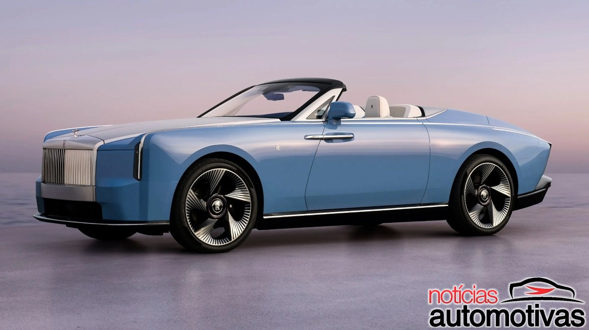 Rolls-Royce Nightingale azul conversível visto de frente e de lado, com capota aberta e bancos claros.