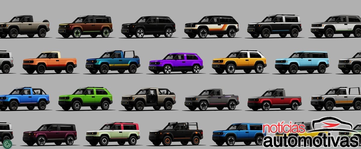 Montagem com várias picapes e SUVs compactos em diferentes cores e configurações sobre fundo cinza.