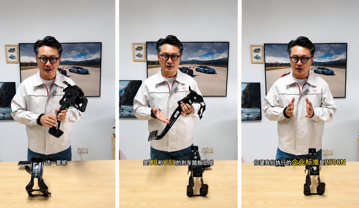 Homem de óculos e jaqueta branca mostra conjuntos de pedais pretos; há peças semelhantes sobre a mesa e textos em chinês na imagem.