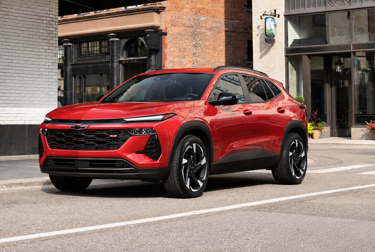 Chevrolet Trax vermelho com emblema RS na grade, estacionado em uma rua urbana.
