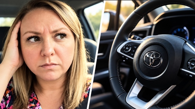 Mulher com expressão preocupada ao lado de um volante Toyota com painel de instrumentos ao fundo.