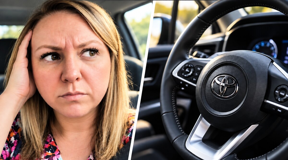 Mulher com expressão preocupada ao lado de um volante Toyota com painel de instrumentos ao fundo.