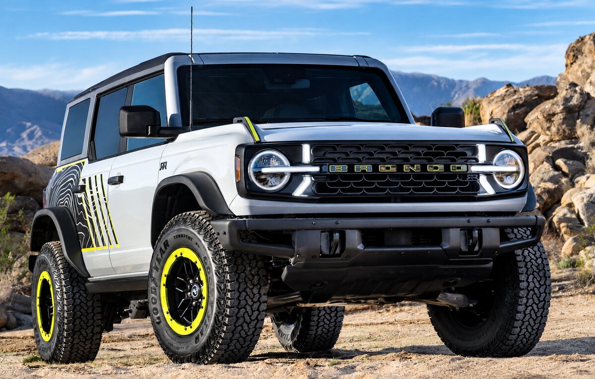 Ford Bronco RTR branco com detalhes pretos e verde-limão, visto de frente em terreno rochoso.
