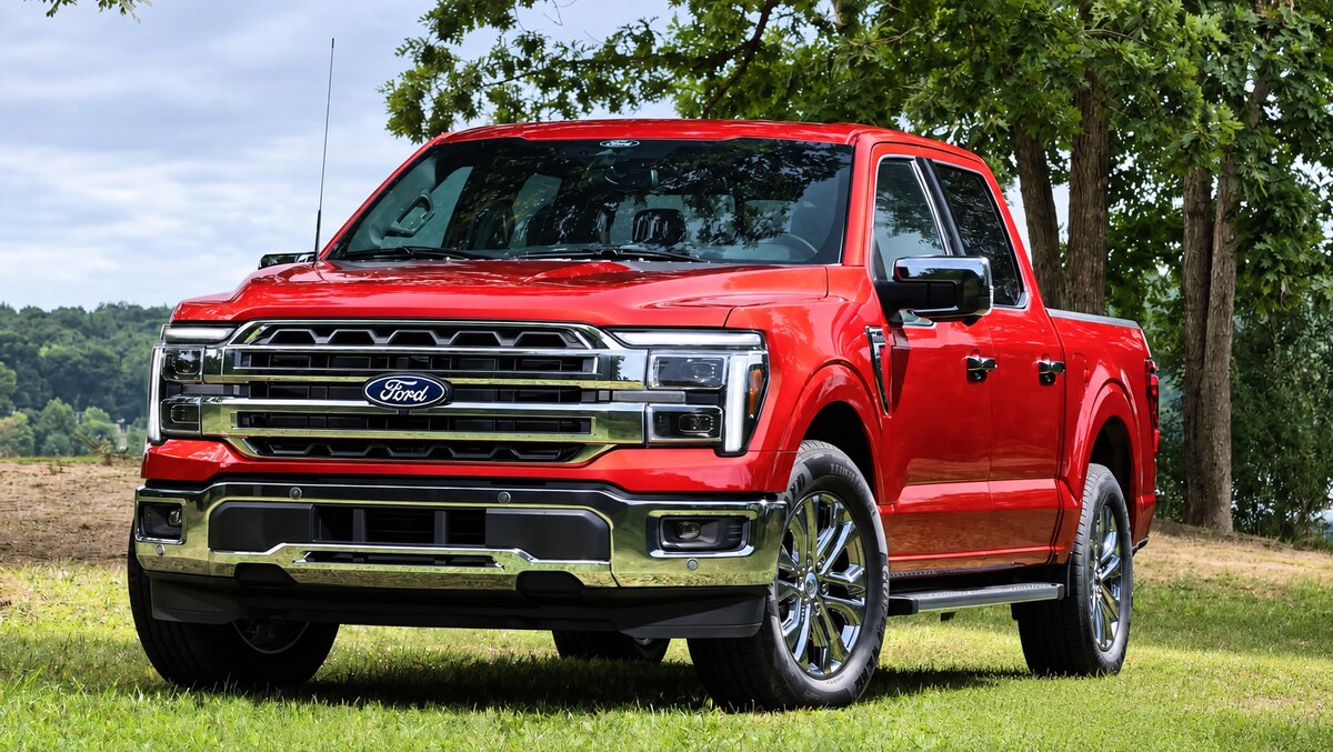 Ford F-150 vermelha vista de frente, estacionada sobre a grama, com árvores ao fundo.