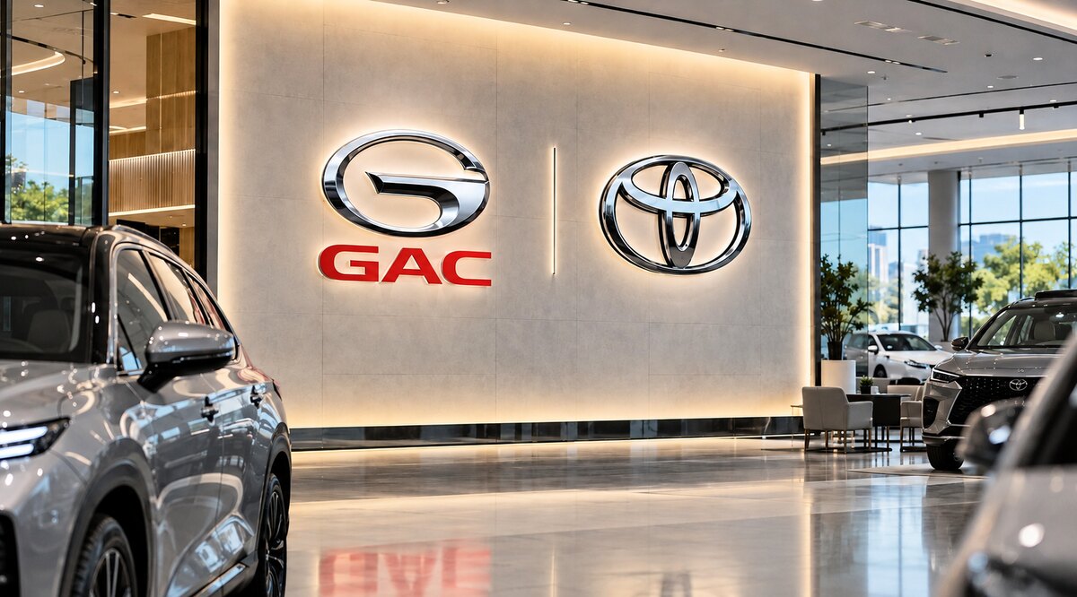 Logotipos da GAC e da Toyota em uma parede de showroom, com dois SUVs estacionados no ambiente.