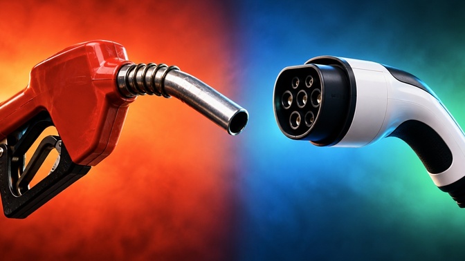 gasolina-eletrico-ev Bico vermelho de abastecimento e conector de recarga branco e preto diante de um fundo colorido.