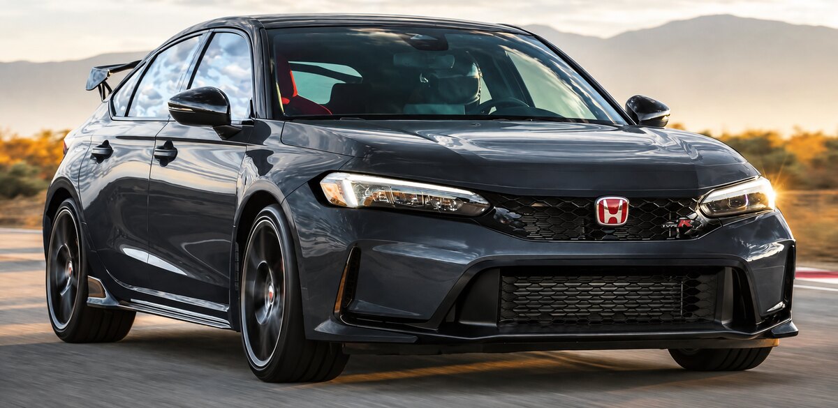 Honda Civic Type R cinza-escuro visto de frente, em movimento, com grade preta e emblema vermelho da Honda.