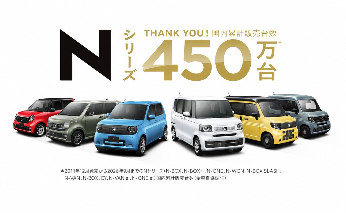 Logotipo N, número 450 em destaque e seis carros compactos de diferentes cores alinhados sobre fundo branco.