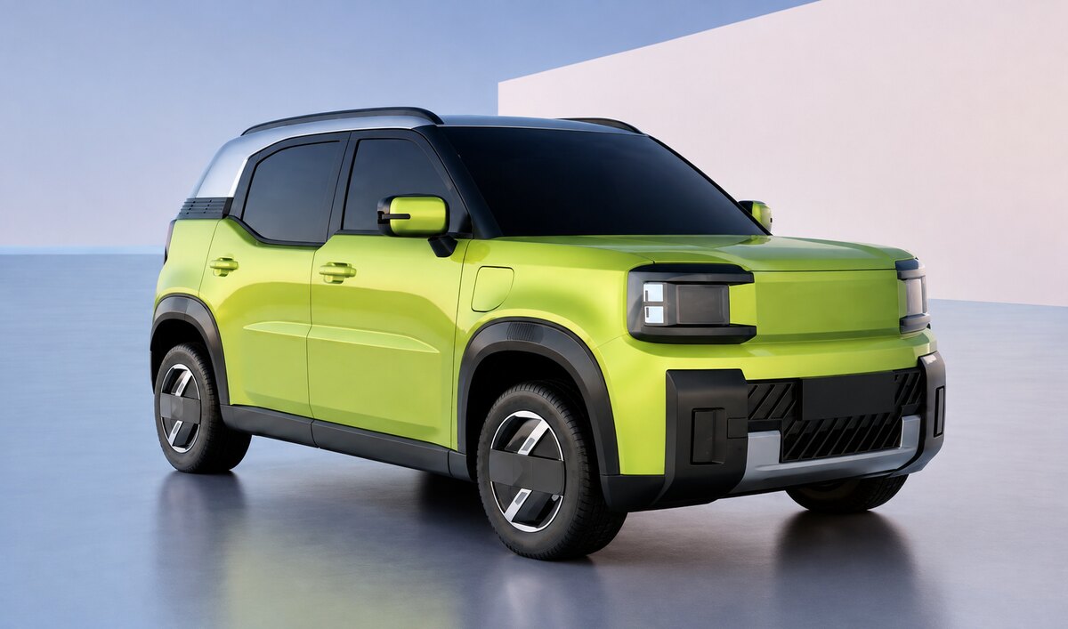 SUV verde-limão com teto preto, visto de frente e de lado em um ambiente fechado.