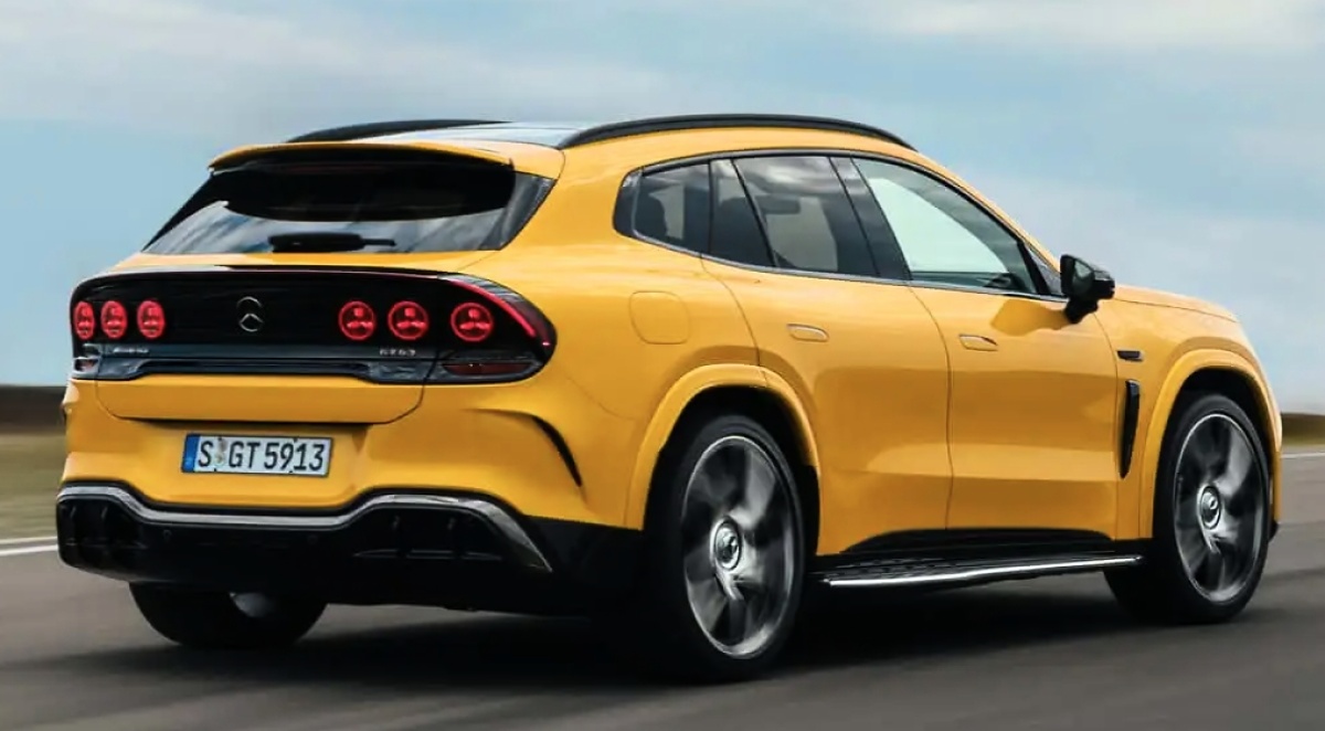 Traseira de um Mercedes-AMG GT SUV amarelo, com seis lanternas circulares vermelhas e emblema da Mercedes-Benz.