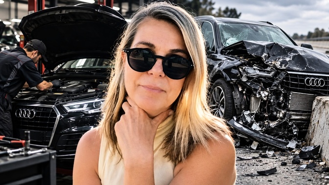 Mulher de óculos escuros diante de dois SUVs Audi Q5 pretos; um está com a dianteira destruída e outro aparece com o capô aberto, ao lado de um mecânico.