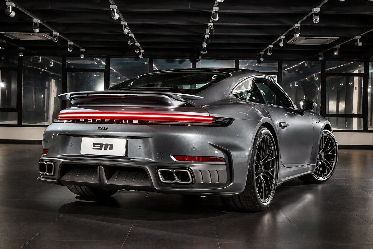 Porsche 911 cinza visto de traseira em um showroom, com lanternas vermelhas acesas.