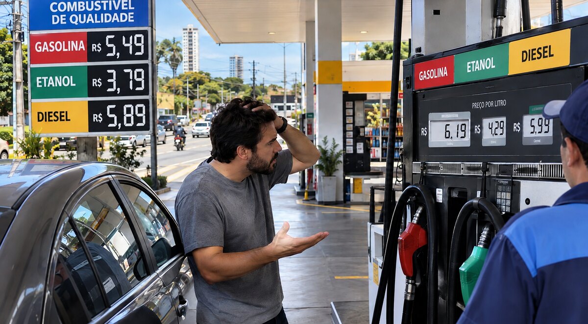Homem ao lado de um carro em um posto; placa anuncia gasolina a R$ 5,49 e bomba exibe R$ 6,19.