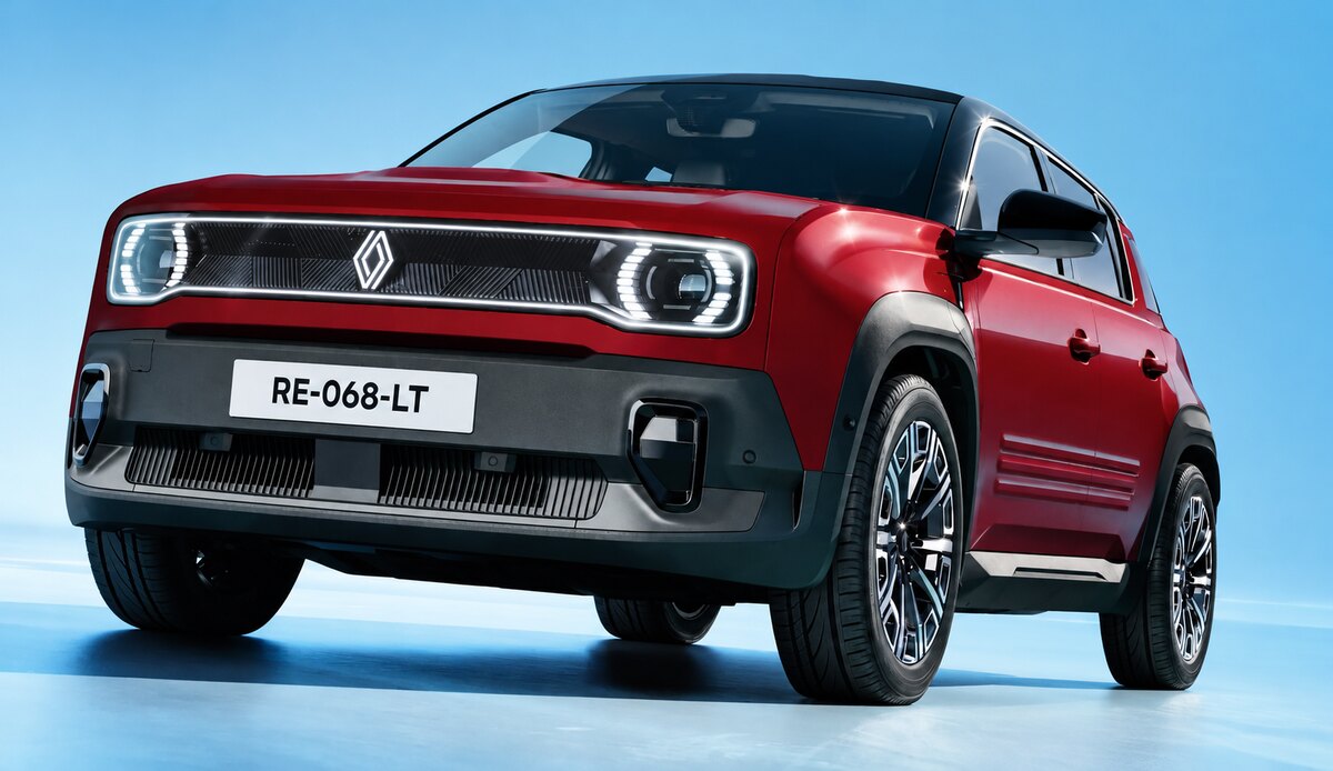 Renault 4 E-Tech Electric vermelho, com teto preto, rodas de liga leve e dianteira voltada para a câmera, diante de um fundo azul.
