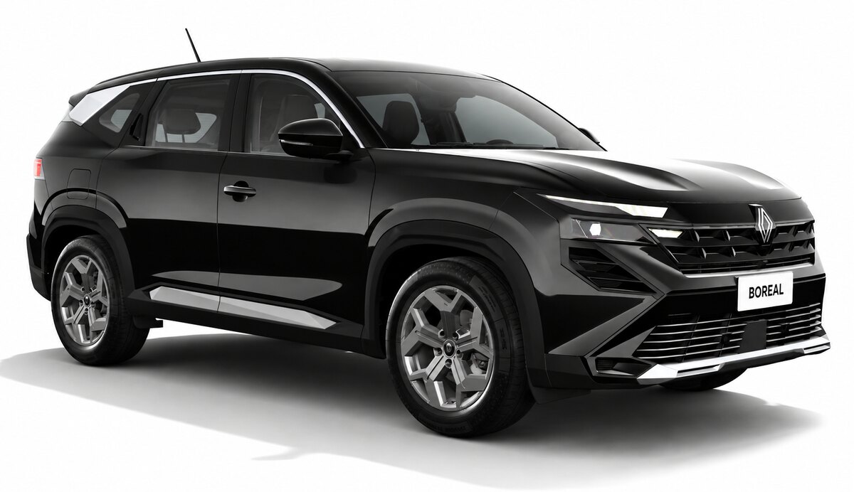 Renault Boreal preto visto de frente e de lado, com rodas de liga leve e placa com o nome Boreal.
