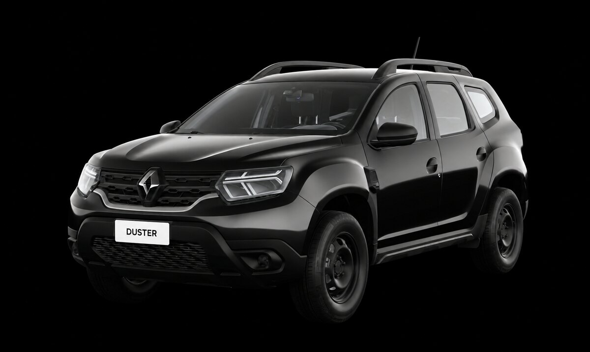Renault Duster preto em vista dianteira e lateral, sobre fundo preto.