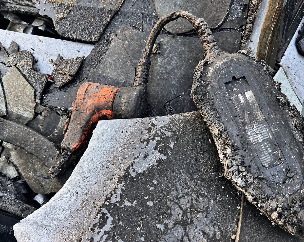 Cabos e equipamento elétrico carbonizados entre escombros, com partes de uma estrutura queimada ao redor.