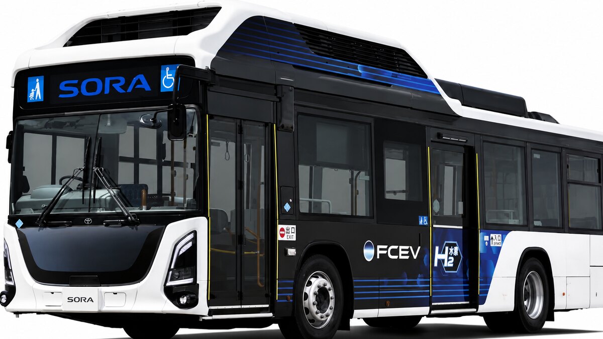 Ônibus branco e preto com detalhes azuis, letreiro SORA e símbolos de acessibilidade na dianteira e na lateral.