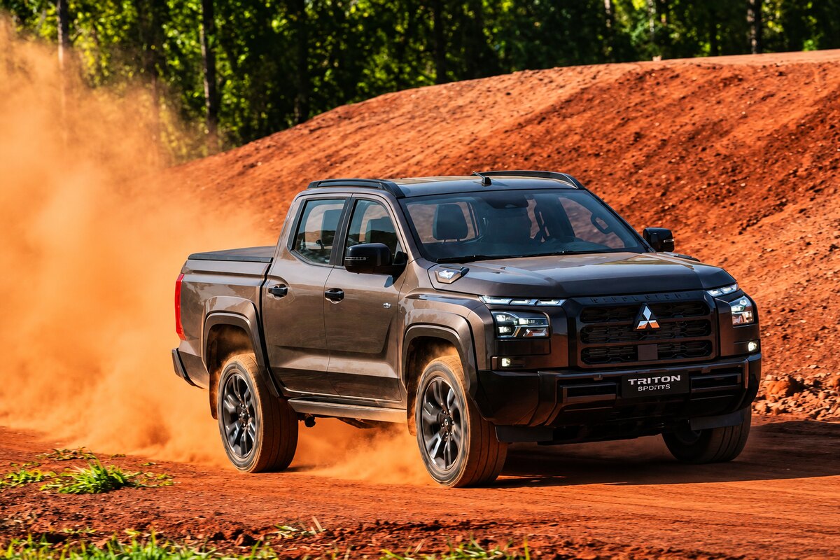 Picape Mitsubishi Triton marrom em uma estrada de terra, vista de frente e de lado.
