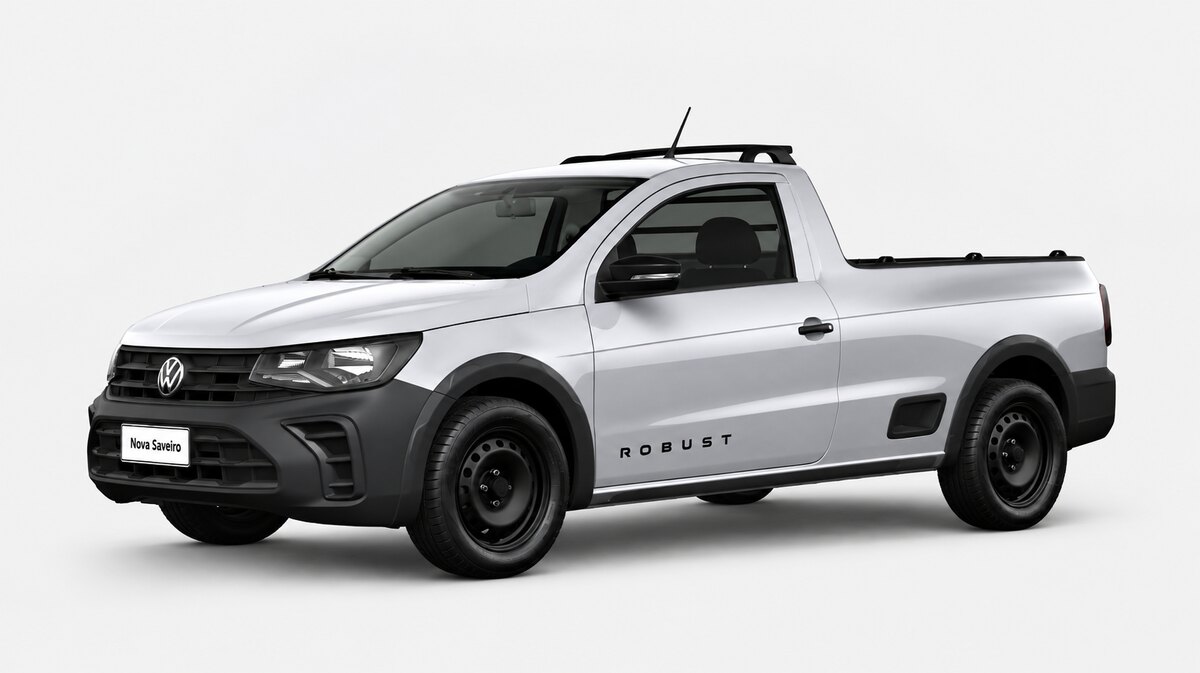 Picape Volkswagen Saveiro Robust cabine simples, na cor prata, vista de frente e de lado em fundo claro.