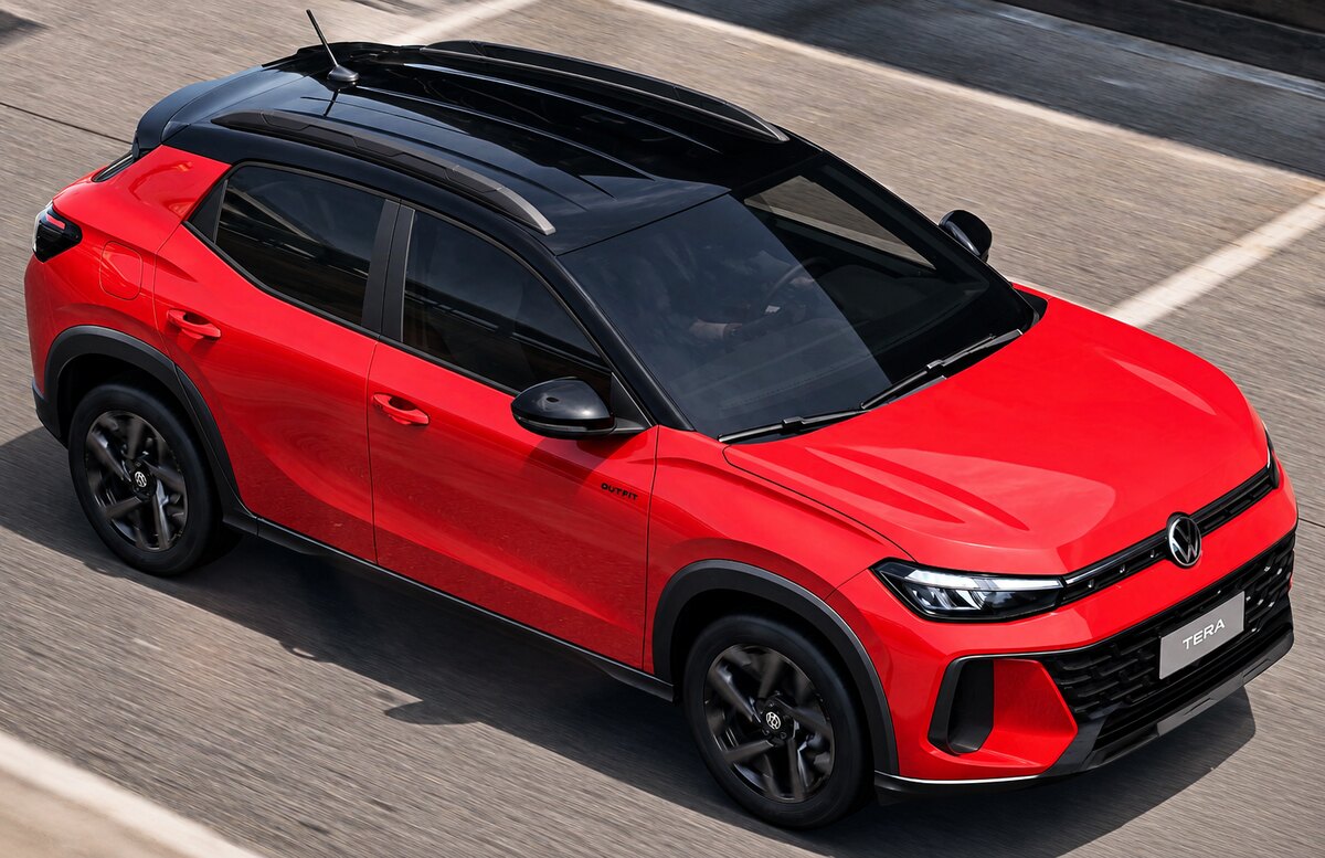 Volkswagen Tera vermelho com teto preto visto de frente e de lado em uma via.