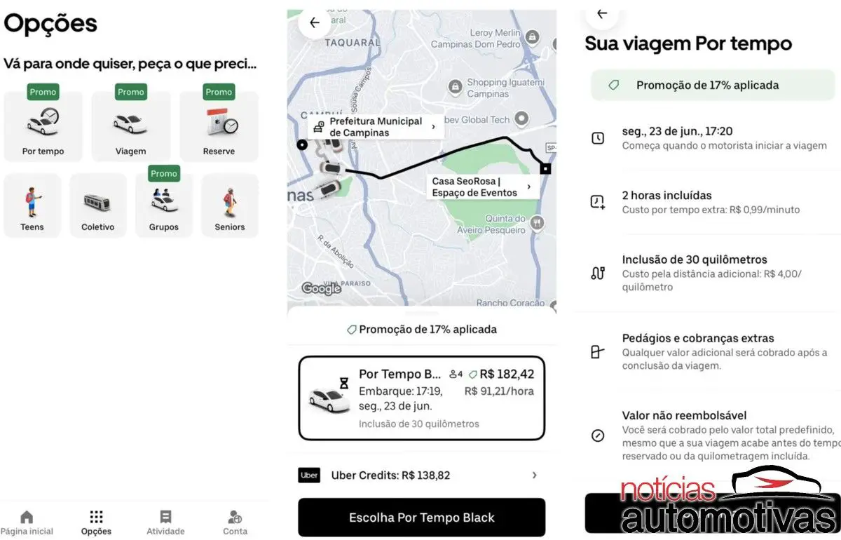 Uber lança serviço de Uber Black por tempo em Campinas, que chega a custar mais de R$ 400