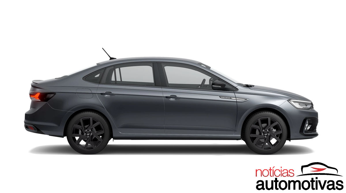 Volkswagen Virtus cinza escuro visto de perfil, com rodas pretas, em fundo branco e marca d’água.